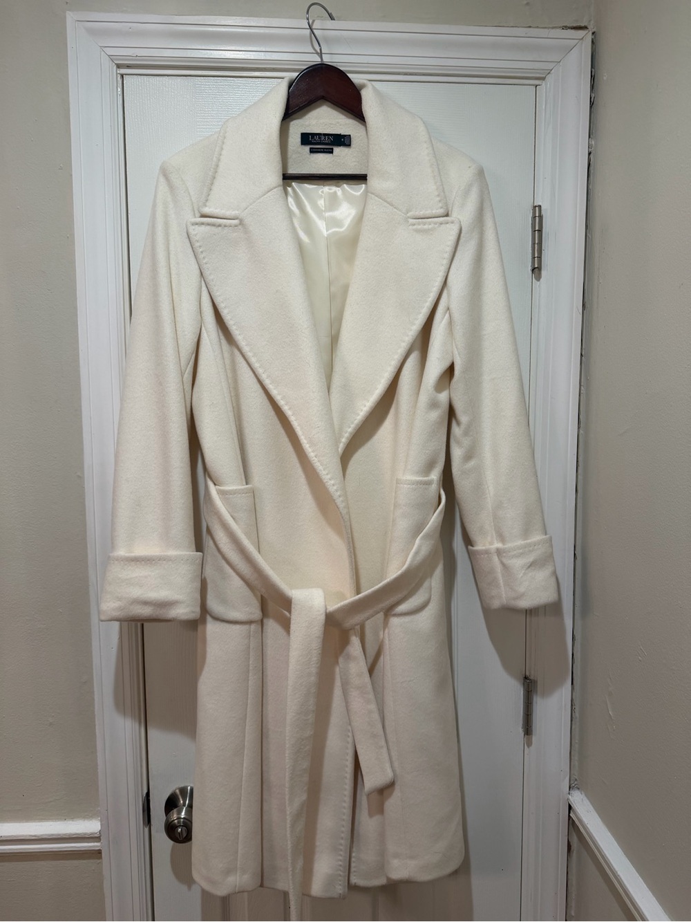 Lauren Ralph Lauren Ivory Wool-Blend Belted Trench Coat